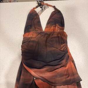 Soleia Sexy Vintage Ombre Halter V-Neck Lace Up Mesh Ruched Asymmetrical Hem Rom